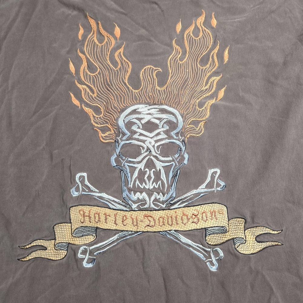 Harley-Davidson Shirt Mens XL Brown Skull Flame Embroidered Silk Blend Button Up